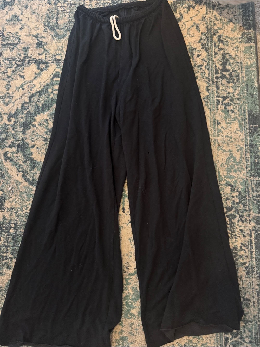 aerie Black Wide-Leg Lounge Pants with White Drawstring Accent